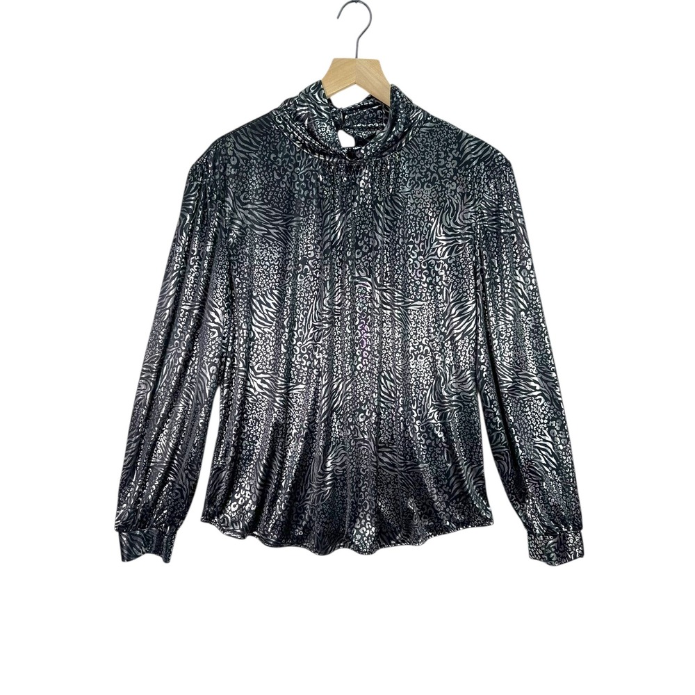Lauren‎ Lee Blouse Size L Silver Black Metallic Animal Print Mock Neck Party Top